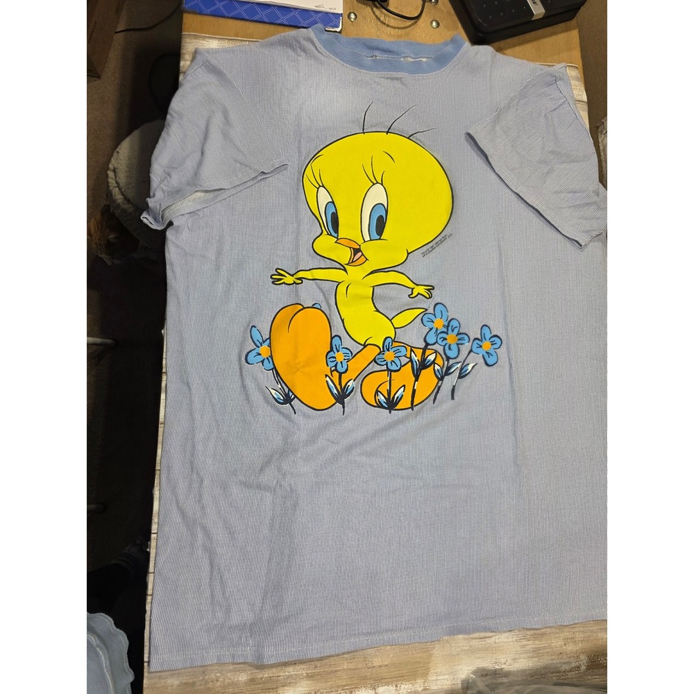 Vintage 1997 Looney Tunes Tweety Bird Night Shirt Blue Stripe Graphic Womens - Picture 2 of 10